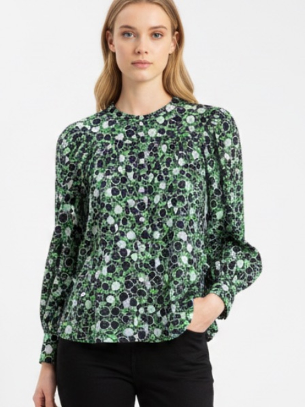 Maeve by Anthropologie Black and Green Floral Abstract Apple Print Shirt